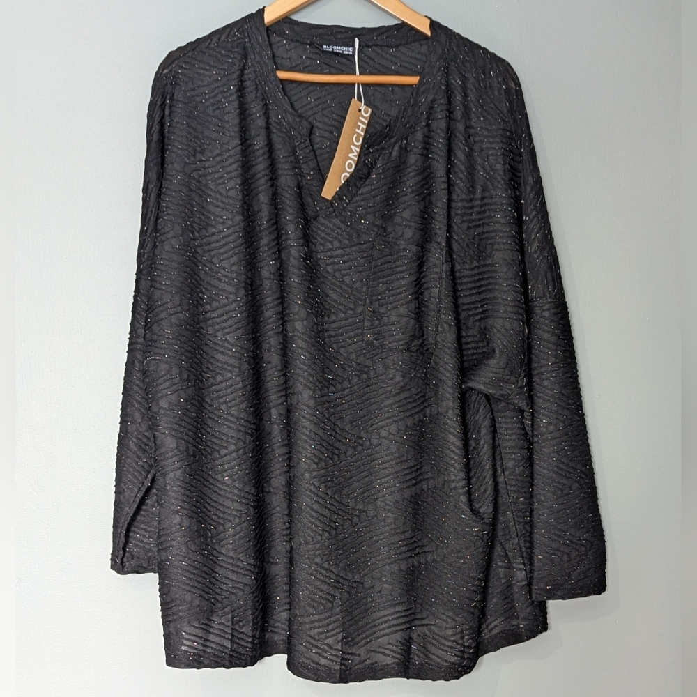 Bloom Chic Black Textured Relaxed Fit Long‎ Sleeve Tunic Lightweight